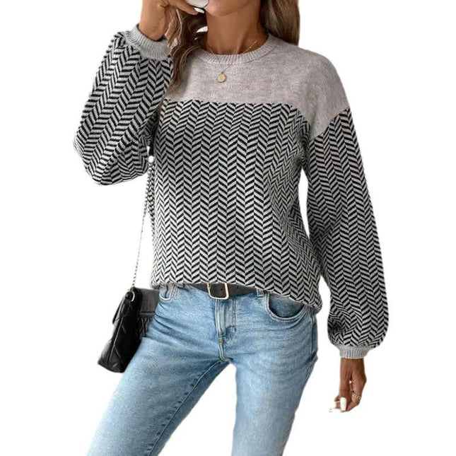 Long Sleeve Sweater for Women Crew Neck Pullover Color Block Knit Tops