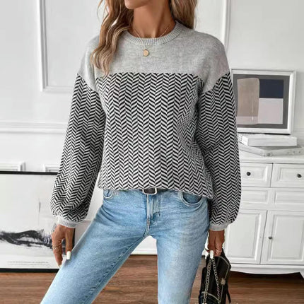 Long Sleeve Sweater for Women Crew Neck Pullover Color Block Knit Tops