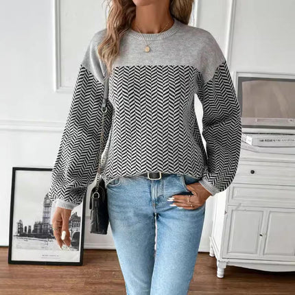 Long Sleeve Sweater for Women Crew Neck Pullover Color Block Knit Tops