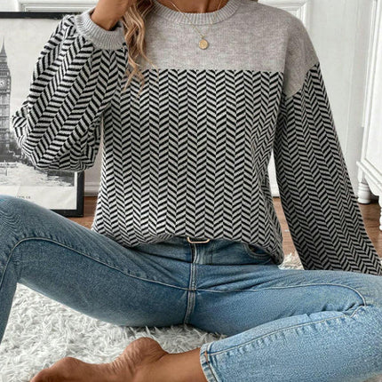 Long Sleeve Sweater for Women Crew Neck Pullover Color Block Knit Tops