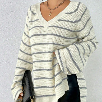 Womens Oversized Sweaters Fall Long Sleeve Knit Side Slit V Neck Jumper Tops