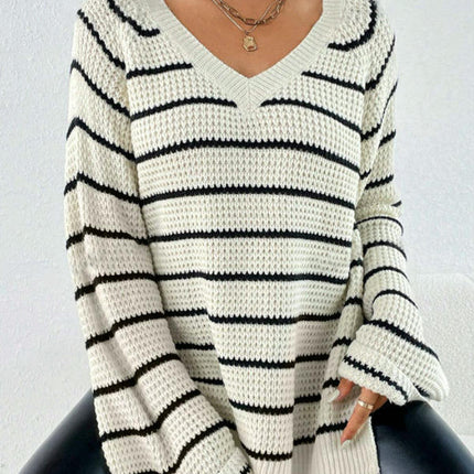 Womens Oversized Sweaters Fall Long Sleeve Knit Side Slit V Neck Jumper Tops