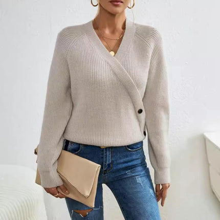 Women Long Sleeve Wrap V Neck Sweater Casual Knit Pullover Top