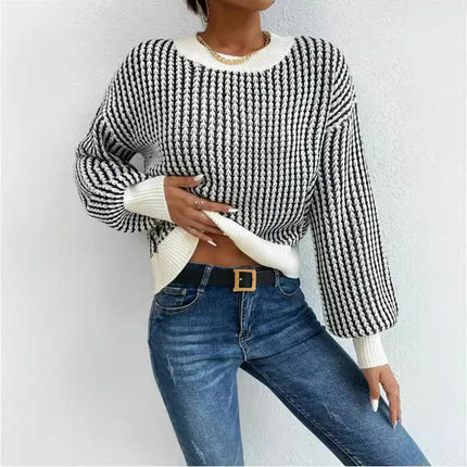 Women's Striped Sweater Long Sleeve Crew Neck Knit Fall Winter Pullover Tops