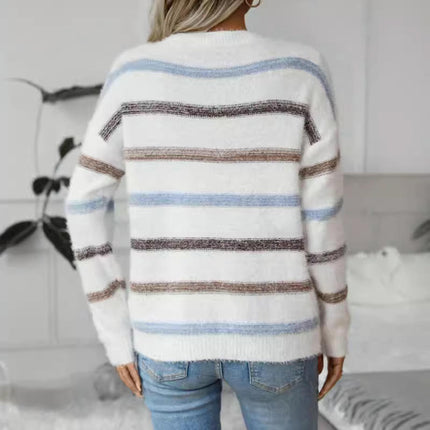 Womens Long Sleeve Crew Neck Knit Sweater Casual Striped Pullover Tops