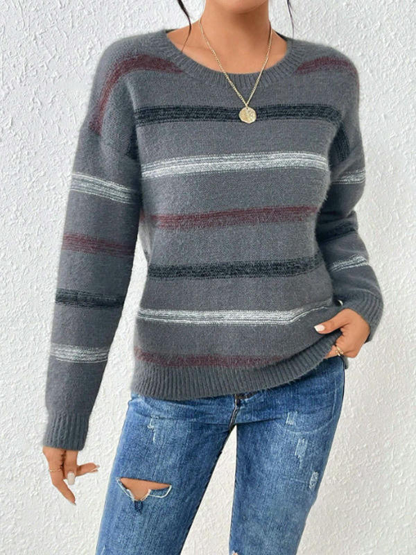 Womens Long Sleeve Crew Neck Knit Sweater Casual Striped Pullover Tops