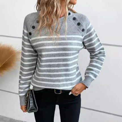 Women's Fall Long Sleeve Knit Sweater Crew Neck Striped Button Pullover Tops