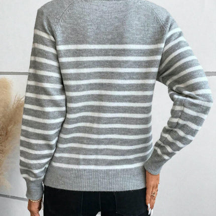 Women's Fall Long Sleeve Knit Sweater Crew Neck Striped Button Pullover Tops