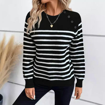 Women's Fall Long Sleeve Knit Sweater Crew Neck Striped Button Pullover Tops