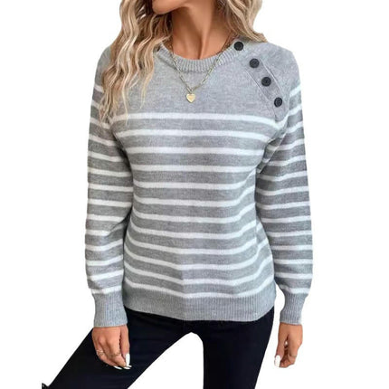 Women's Fall Long Sleeve Knit Sweater Crew Neck Striped Button Pullover Tops