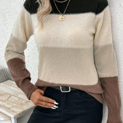 Womens Fall Long Sleeve Crew Neck Sweaters Knit Color Block Jumper Tops