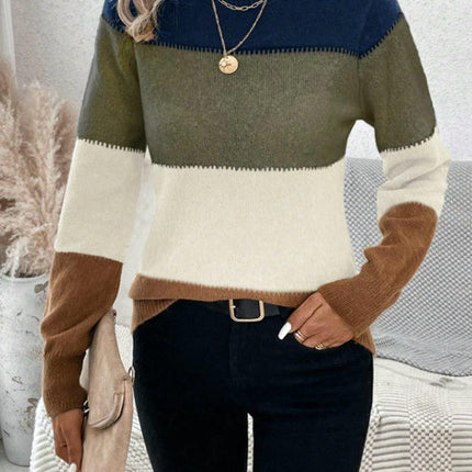 Womens Fall Long Sleeve Crew Neck Sweaters Knit Color Block Jumper Tops