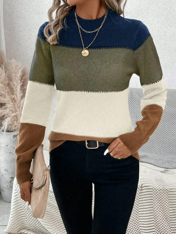 Womens Fall Long Sleeve Crew Neck Sweaters Knit Color Block Jumper Tops