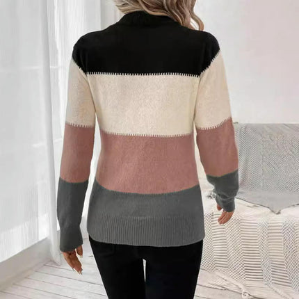 Womens Fall Long Sleeve Crew Neck Sweaters Knit Color Block Jumper Tops