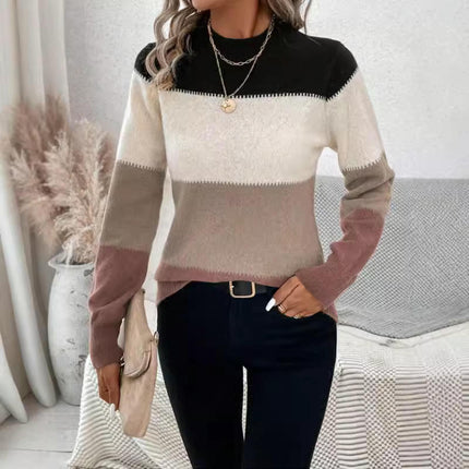 Womens Fall Long Sleeve Crew Neck Sweaters Knit Color Block Jumper Tops