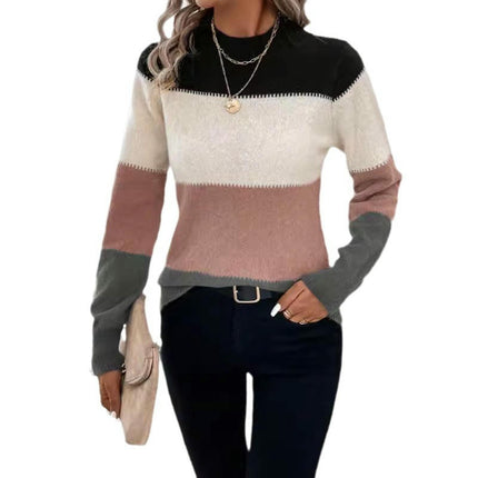 Womens Fall Long Sleeve Crew Neck Sweaters Knit Color Block Jumper Tops