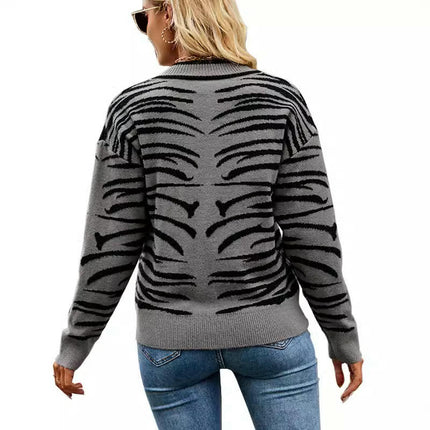 Women V Neck Sweaters Striped Long Sleeve Knit Pullover Fall Top