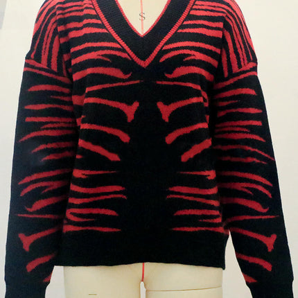 Women V Neck Sweaters Striped Long Sleeve Knit Pullover Fall Top