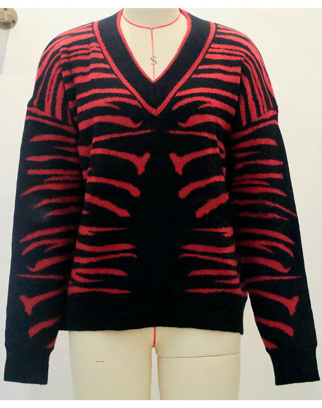 Women V Neck Sweaters Striped Long Sleeve Knit Pullover Fall Top