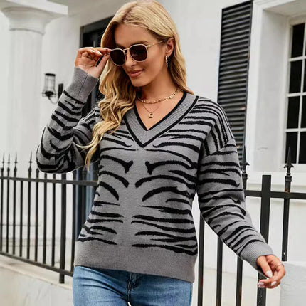 Women V Neck Sweaters Striped Long Sleeve Knit Pullover Fall Top