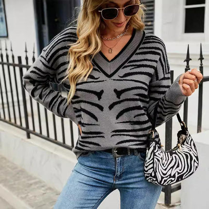 Women V Neck Sweaters Striped Long Sleeve Knit Pullover Fall Top