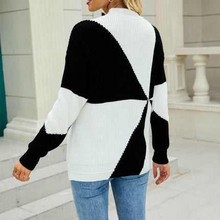 Women's Fall Color Block Sweaters Mock Turtleneck Long Sleeve Knitted Jumper Tops