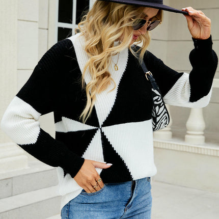 Women's Fall Color Block Sweaters Mock Turtleneck Long Sleeve Knitted Jumper Tops