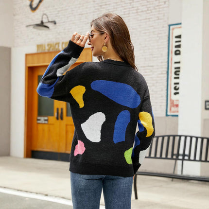 Women's Long Sleeve Crewneck Color Block Casual Pullover Knit Sweater Tops