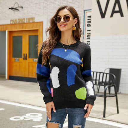 Women's Long Sleeve Crewneck Color Block Casual Pullover Knit Sweater Tops