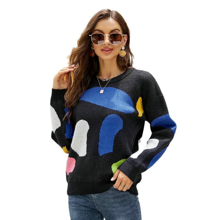 Women's Long Sleeve Crewneck Color Block Casual Pullover Knit Sweater Tops