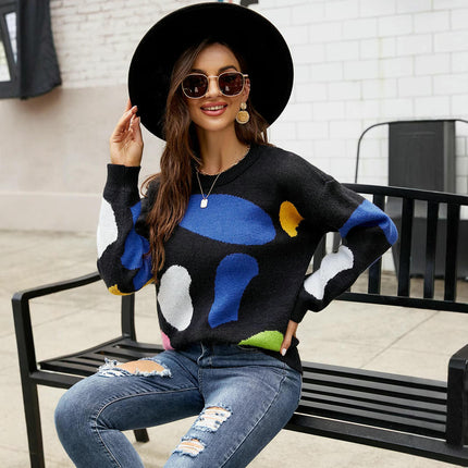 Women's Long Sleeve Crewneck Color Block Casual Pullover Knit Sweater Tops