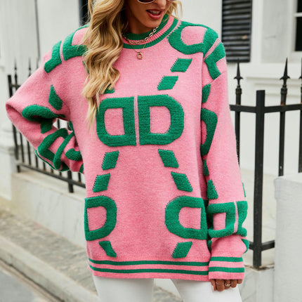 Womens Crewneck Long Sleeve Pullovers Color Block Sweaters Knit Jumper Tops