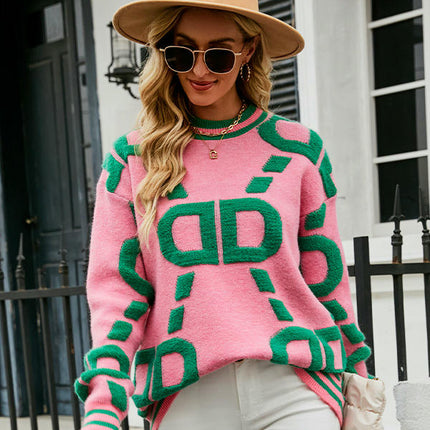 Womens Crewneck Long Sleeve Pullovers Color Block Sweaters Knit Jumper Tops
