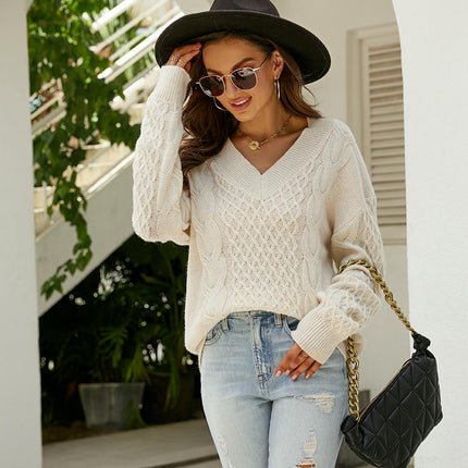 Long Sleeve Sweaters for Women Fall Winter Cable Knit V Neck Pullover Tops