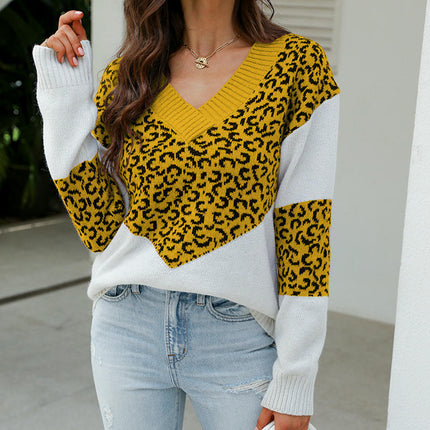 Women's Leopard Sweaters Casual V Neck Long Sleeve Color Block Knit Pullover Sweater