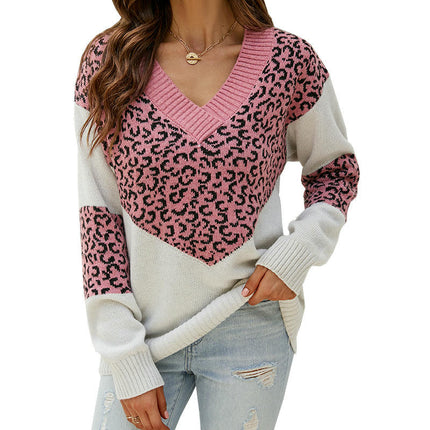 Women's Leopard Sweaters Casual V Neck Long Sleeve Color Block Knit Pullover Sweater