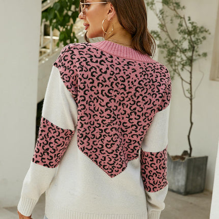 Women's Leopard Sweaters Casual V Neck Long Sleeve Color Block Knit Pullover Sweater