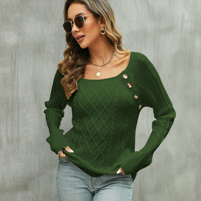 Womens Fall Long Sleeve Tops Casual Square Neck Cable Knit Pullover Sweaters