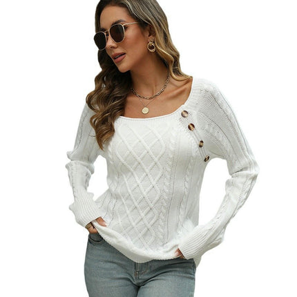 Womens Fall Long Sleeve Tops Casual Square Neck Cable Knit Pullover Sweaters