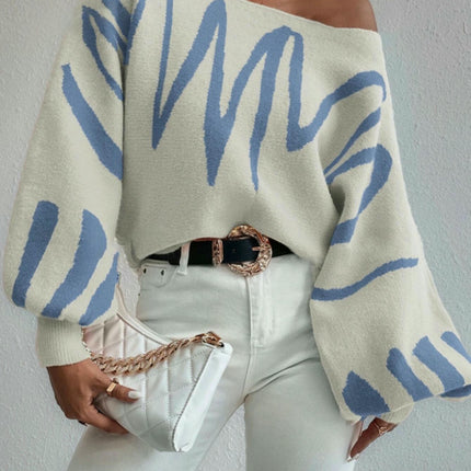 Women Fall Winter Colorblock Pullover Sweaters Boat Neck Lantern Long Sleeve Tops