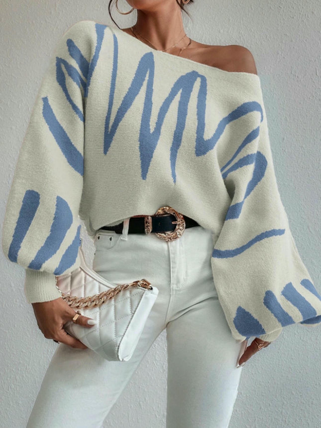 Women Fall Winter Colorblock Pullover Sweaters Boat Neck Lantern Long Sleeve Tops