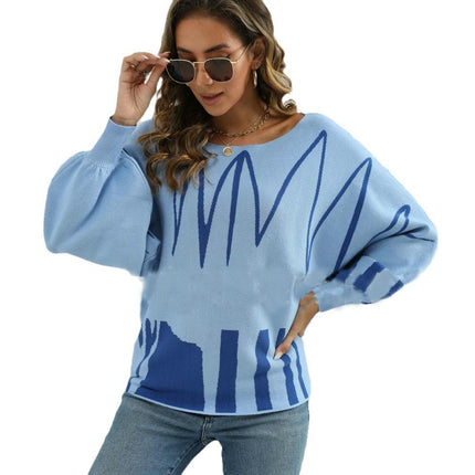 Women Fall Winter Colorblock Pullover Sweaters Boat Neck Lantern Long Sleeve Tops