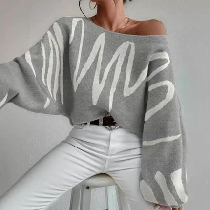 Women Fall Winter Colorblock Pullover Sweaters Boat Neck Lantern Long Sleeve Tops