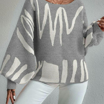 Women Fall Winter Colorblock Pullover Sweaters Boat Neck Lantern Long Sleeve Tops