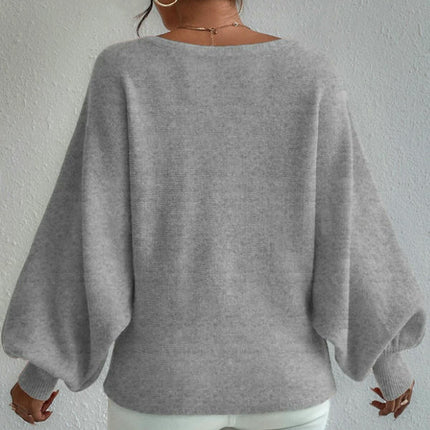 Women Fall Winter Colorblock Pullover Sweaters Boat Neck Lantern Long Sleeve Tops