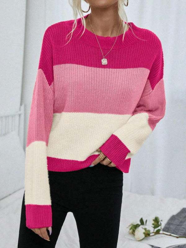 Womens Fall Color Block Sweaters Long Sleeve Crewneck Pullover Knit Jumper Tops