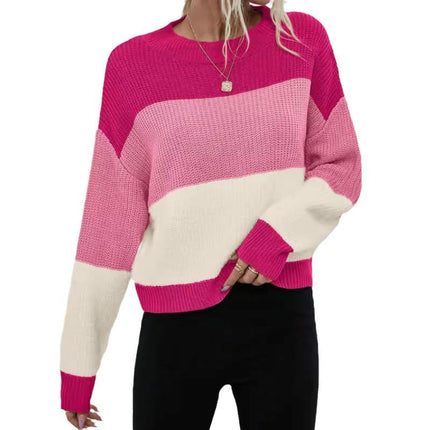 Womens Fall Color Block Sweaters Long Sleeve Crewneck Pullover Knit Jumper Tops