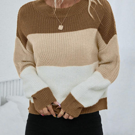 Womens Fall Color Block Sweaters Long Sleeve Crewneck Pullover Knit Jumper Tops