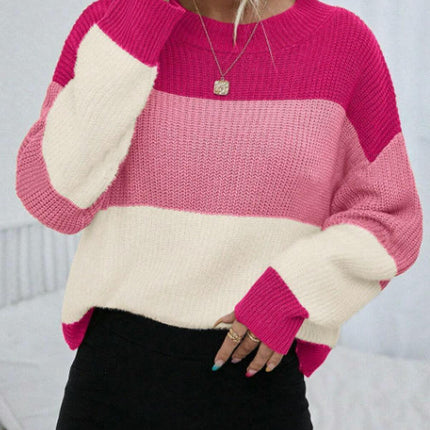 Womens Fall Color Block Sweaters Long Sleeve Crewneck Pullover Knit Jumper Tops