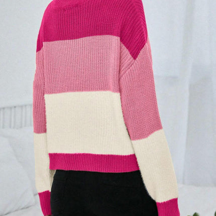 Womens Fall Color Block Sweaters Long Sleeve Crewneck Pullover Knit Jumper Tops